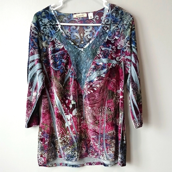ONE WORLD Tops - ONE WORLD 3/4 Sleeve Velvet Top Lace Womens Size Large Boho Whimsygoth Casual
